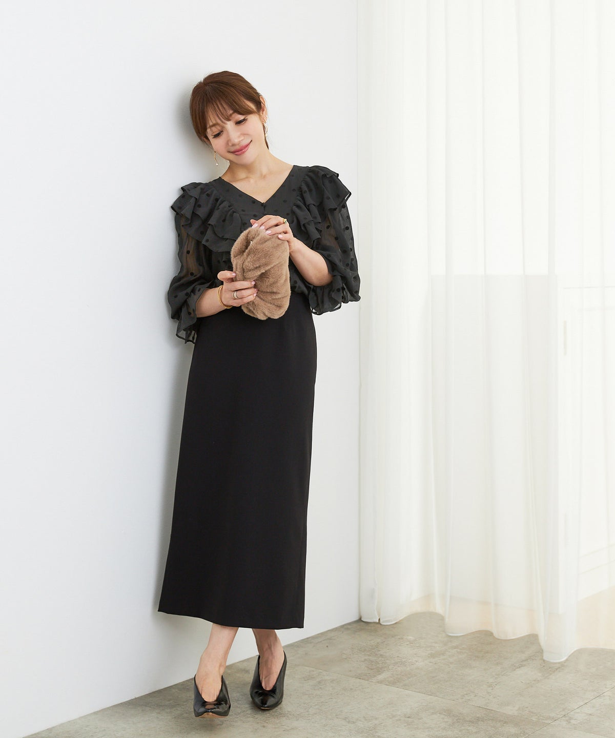 手洗い可 長袖 大人カジュアル オフィス きれいめ フェニミン シアー オールシーズン 柄 ジョイントスペース 楊柳シフォンフロッキーPTフリルブラウス Liala×PG