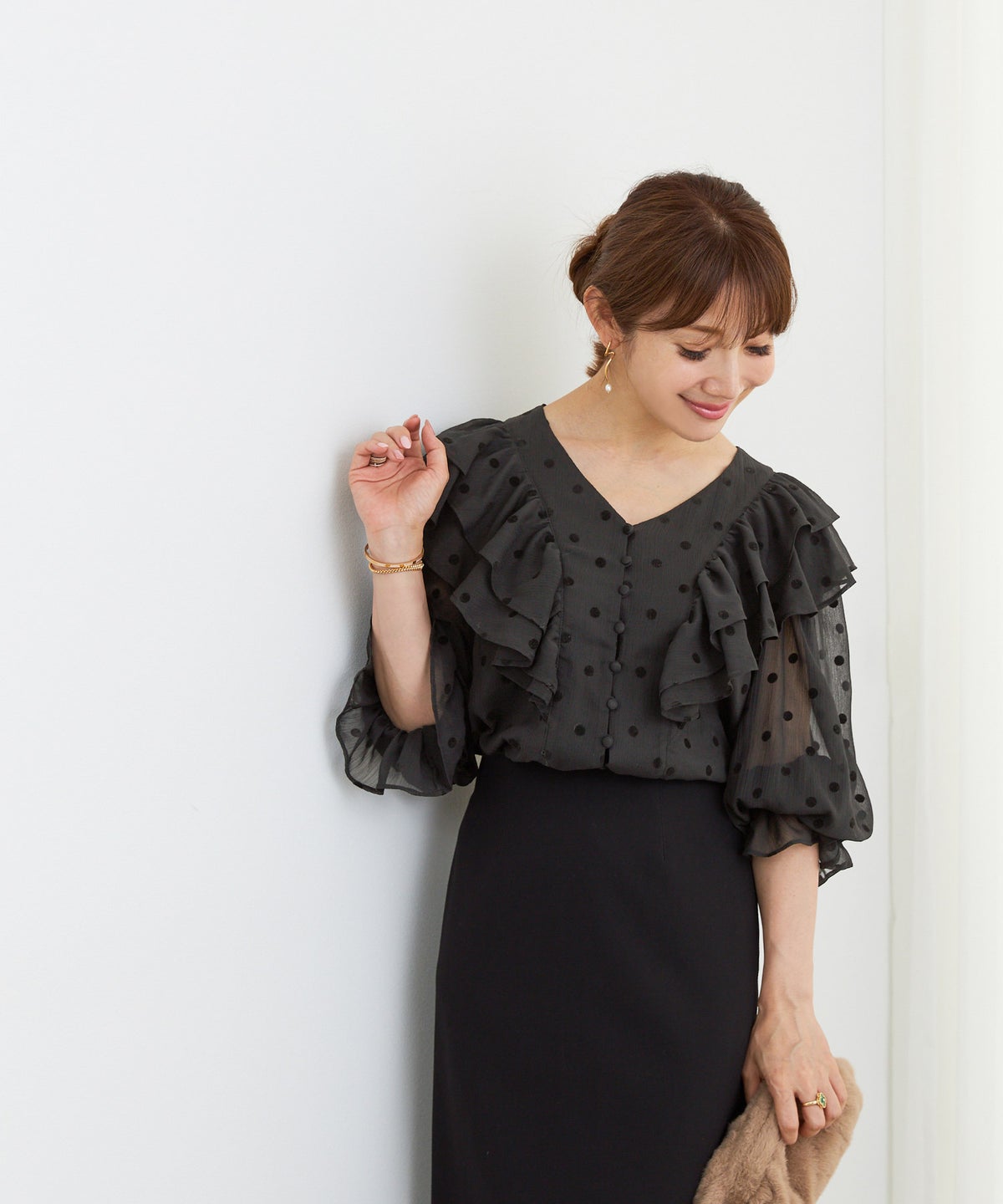 手洗い可 長袖 大人カジュアル オフィス きれいめ フェニミン シアー オールシーズン 柄 ジョイントスペース 楊柳シフォンフロッキーPTフリルブラウス Liala×PG手洗い可 長袖 大人カジュアル オフィス きれいめ フェニミン シアー オールシーズン 柄 ジョイントスペース 楊柳シフォンフロッキーPTフリルブラウス Liala×PG
