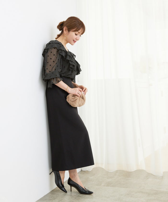 手洗い可 長袖 大人カジュアル オフィス きれいめ フェニミン シアー オールシーズン 柄 ジョイントスペース 楊柳シフォンフロッキーPTフリルブラウス Liala×PG