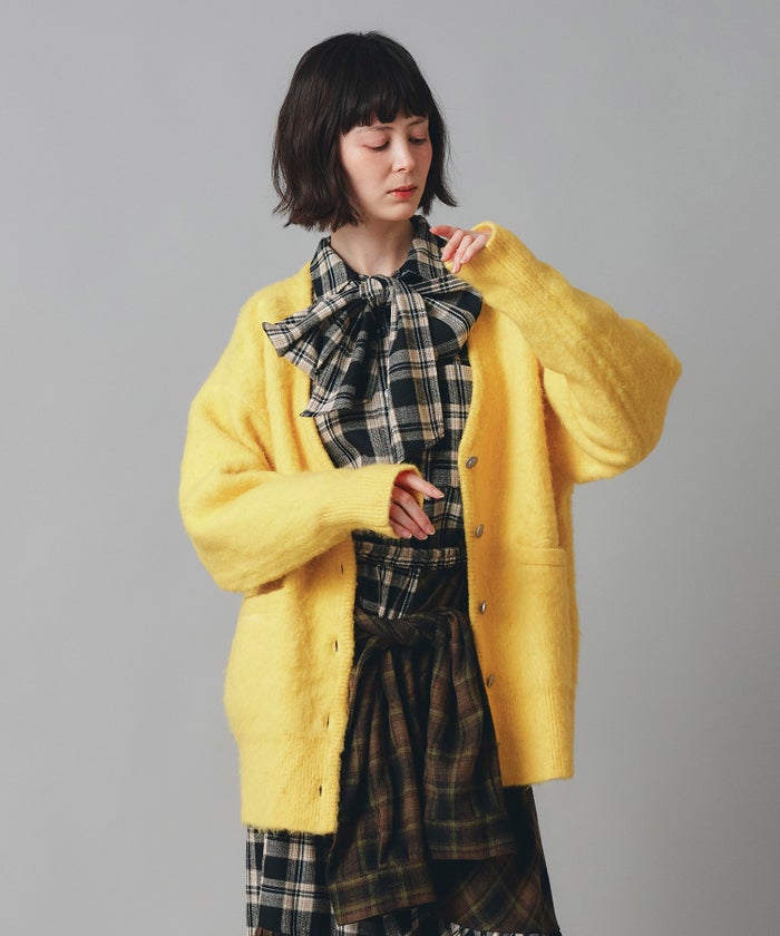 無地 シャギー ニット カーディガン ロング グレー ブルー イエロー フリーサイズ 無地シャギーカーディガン AT THE TRNK