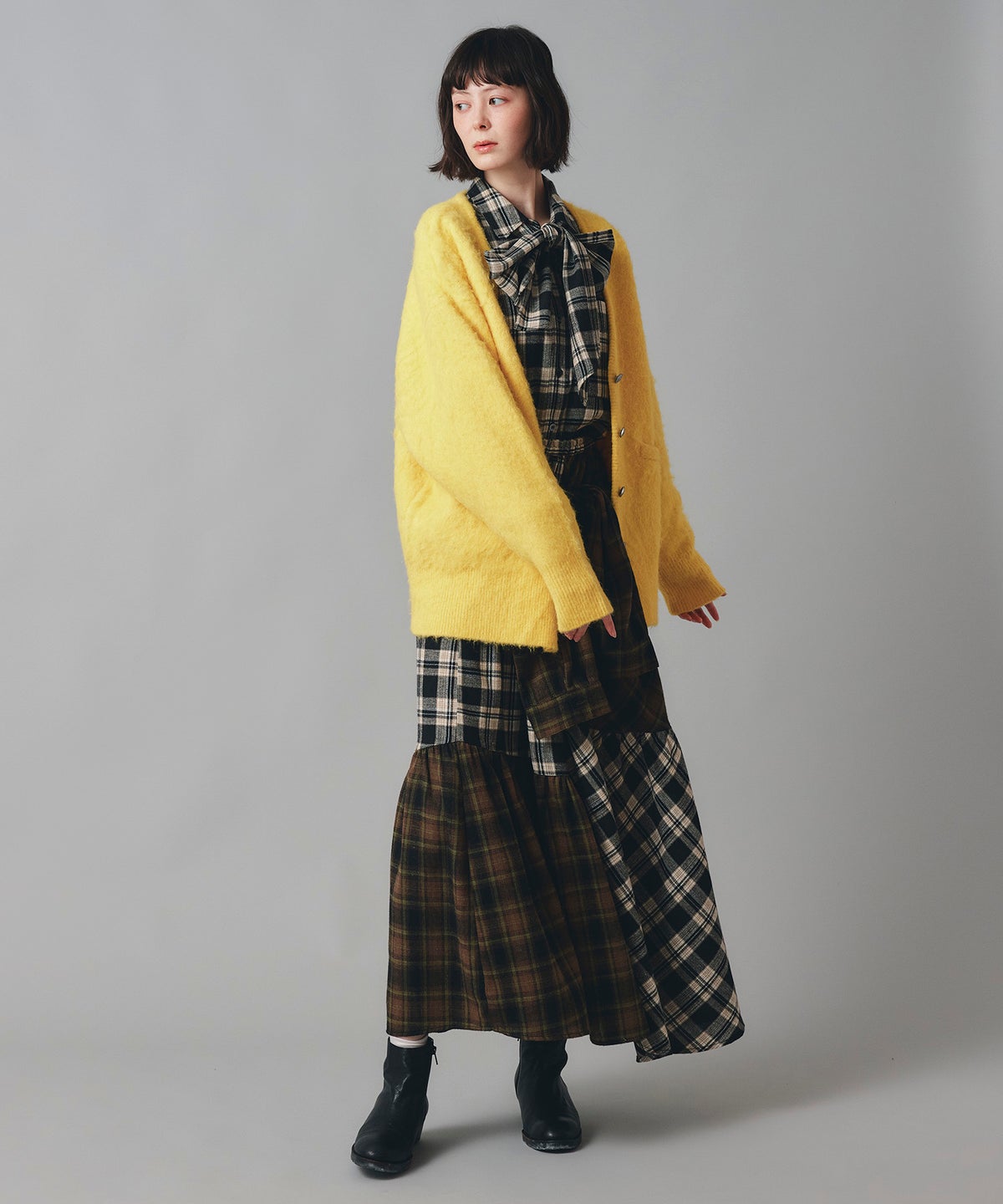 無地 シャギー ニット カーディガン ロング グレー ブルー イエロー フリーサイズ 無地シャギーカーディガン AT THE TRNK