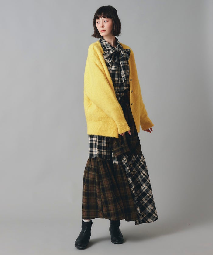 無地 シャギー ニット カーディガン ロング グレー ブルー イエロー フリーサイズ 無地シャギーカーディガン AT THE TRNK