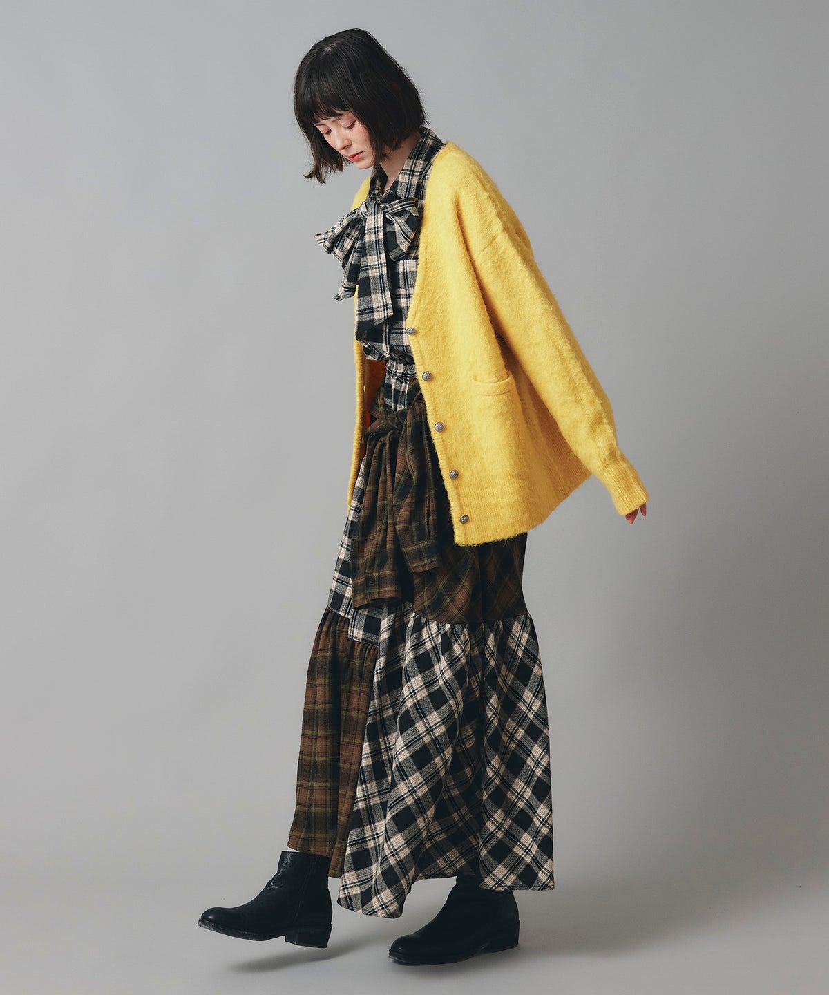 無地 シャギー ニット カーディガン ロング グレー ブルー イエロー フリーサイズ 無地シャギーカーディガン AT THE TRNK