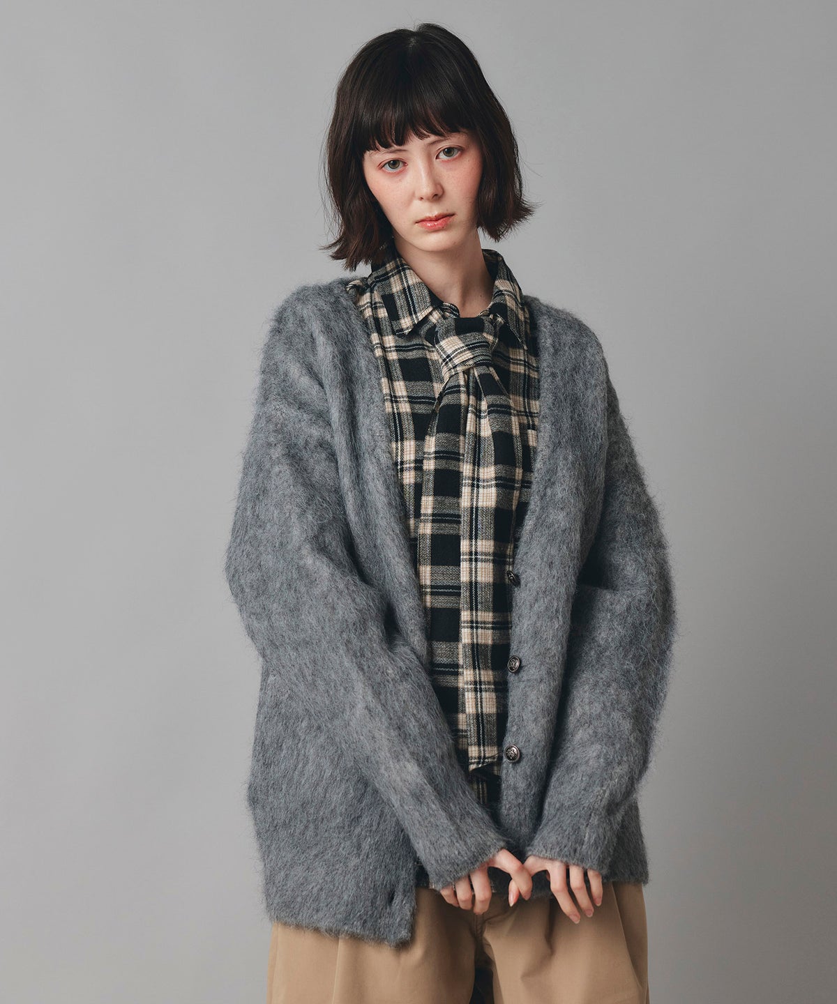 無地 シャギー ニット カーディガン ロング グレー ブルー イエロー フリーサイズ 無地シャギーカーディガン AT THE TRNK