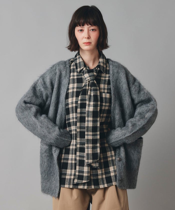 無地 シャギー ニット カーディガン ロング グレー ブルー イエロー フリーサイズ 無地シャギーカーディガン AT THE TRNK