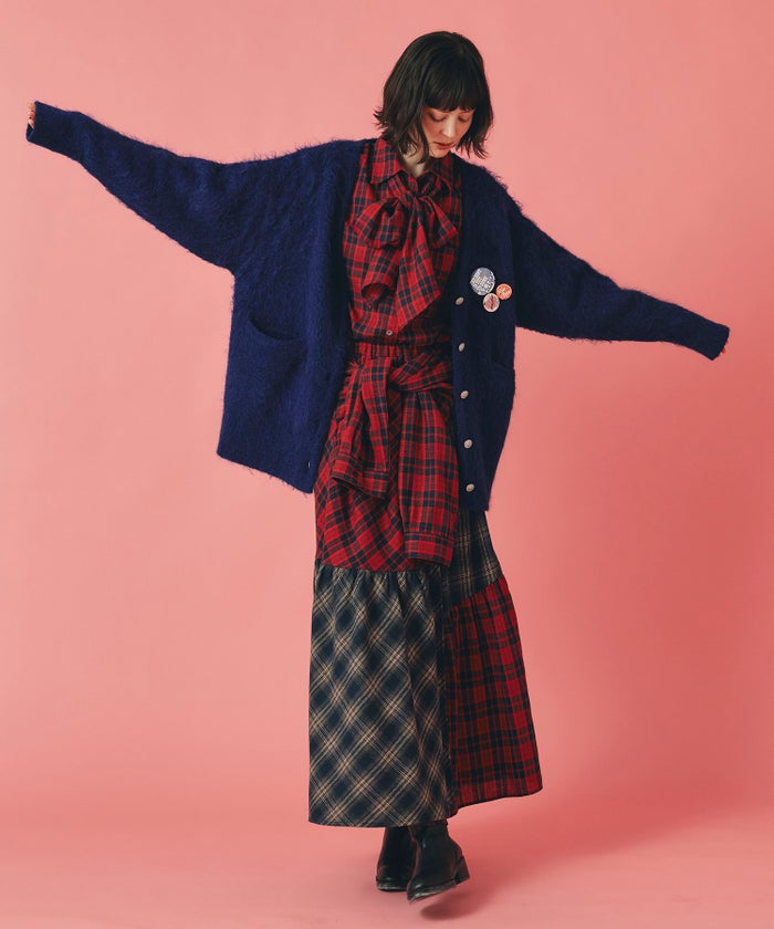 無地 シャギー ニット カーディガン ロング グレー ブルー イエロー フリーサイズ 無地シャギーカーディガン AT THE TRNK