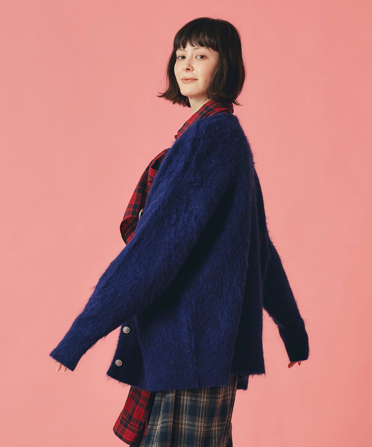 無地 シャギー ニット カーディガン ロング グレー ブルー イエロー フリーサイズ 無地シャギーカーディガン AT THE TRNK