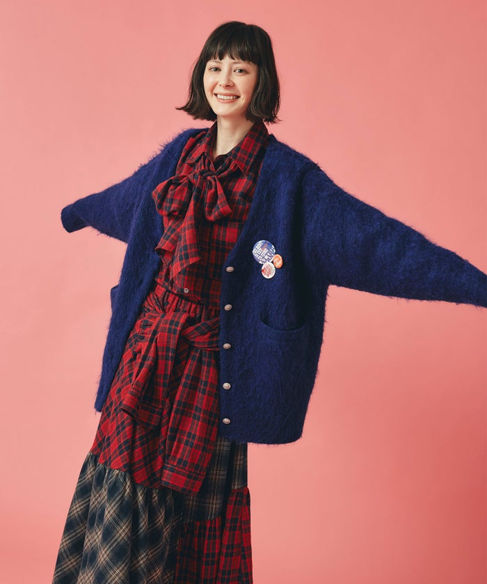 無地 シャギー ニット カーディガン ロング グレー ブルー イエロー フリーサイズ 無地シャギーカーディガン AT THE TRNK