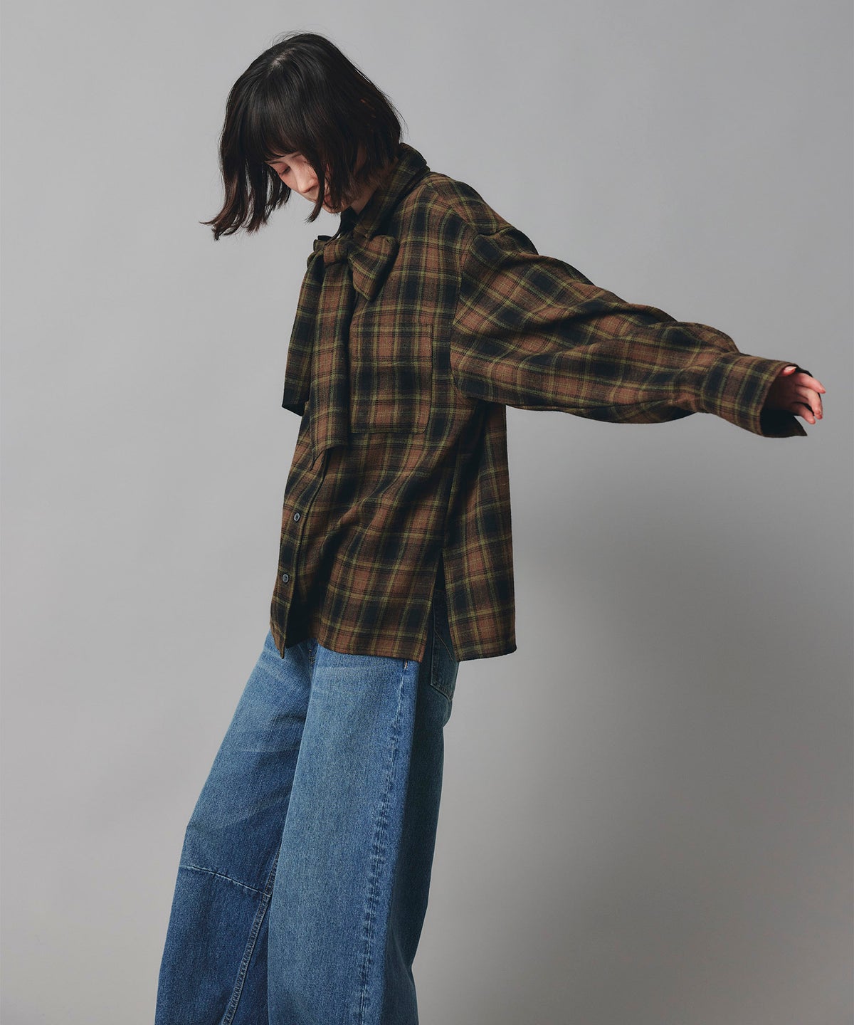 レッド ブラウン ブラック チェック柄 リボン シャツ 長袖 フリーサイズ チェックリボンシャツ AT THE TRNK