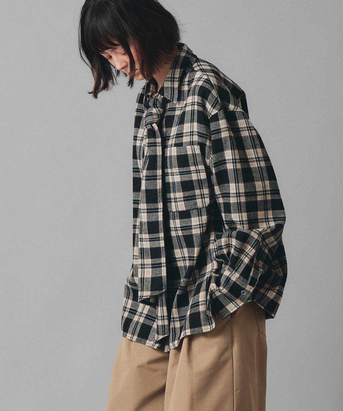 レッド ブラウン ブラック チェック柄 リボン シャツ 長袖 フリーサイズ チェックリボンシャツ AT THE TRNK