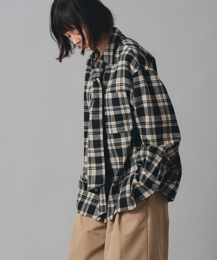レッド ブラウン ブラック チェック柄 リボン シャツ 長袖 フリーサイズ チェックリボンシャツ AT THE TRNK