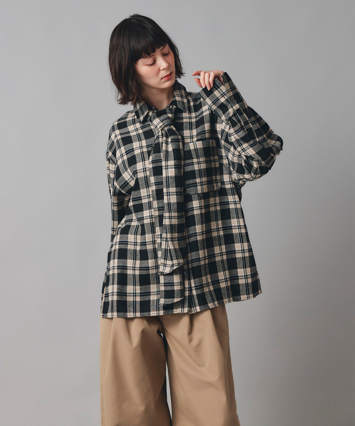 レッド ブラウン ブラック チェック柄 リボン シャツ 長袖 フリーサイズ チェックリボンシャツ AT THE TRNK