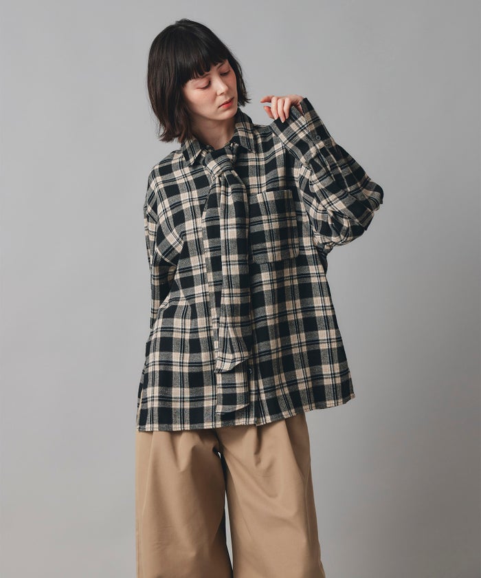 レッド ブラウン ブラック チェック柄 リボン シャツ 長袖 フリーサイズ チェックリボンシャツ AT THE TRNK