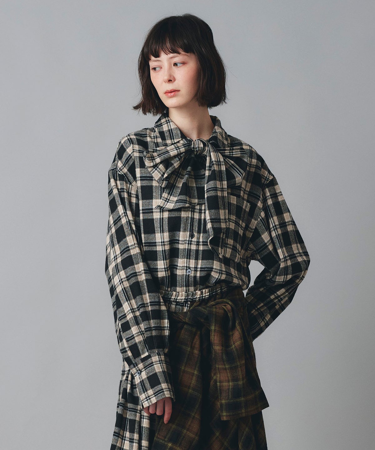レッド ブラウン ブラック チェック柄 リボン シャツ 長袖 フリーサイズ チェックリボンシャツ AT THE TRNK