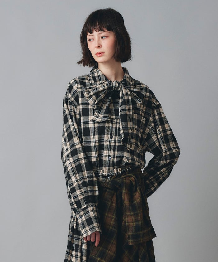 レッド ブラウン ブラック チェック柄 リボン シャツ 長袖 フリーサイズ チェックリボンシャツ AT THE TRNK
