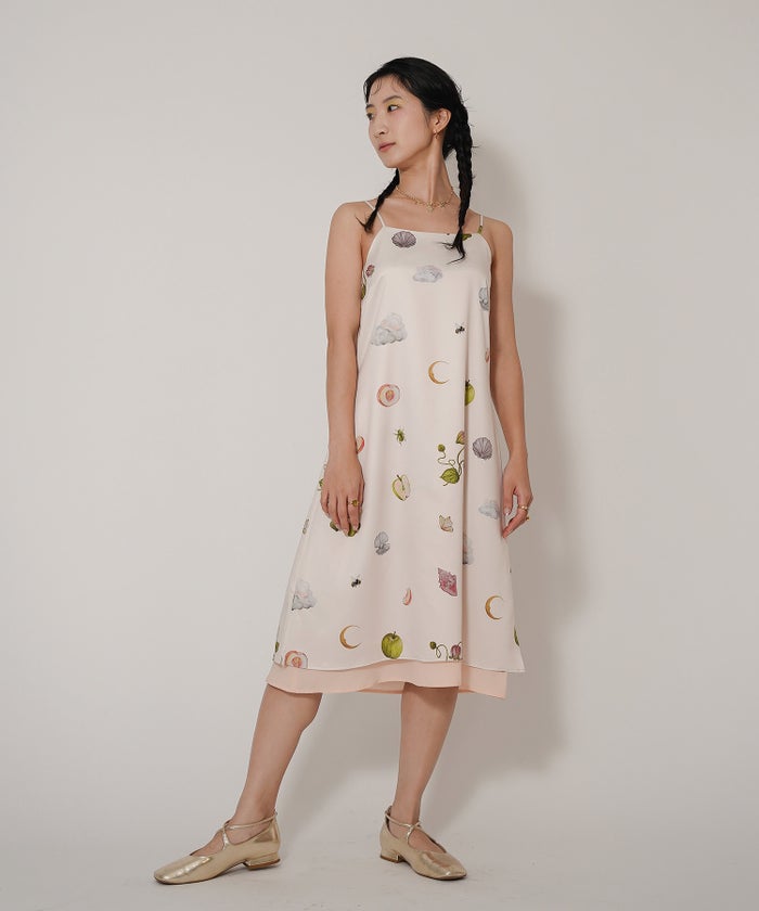 手洗い可 オリジナルプリント フレア S M ロング丈 オールシーズン 着回し 個性派 ジョイントスペース レイヤード サテン キャミ ワンピース Ricaco × Joint Space