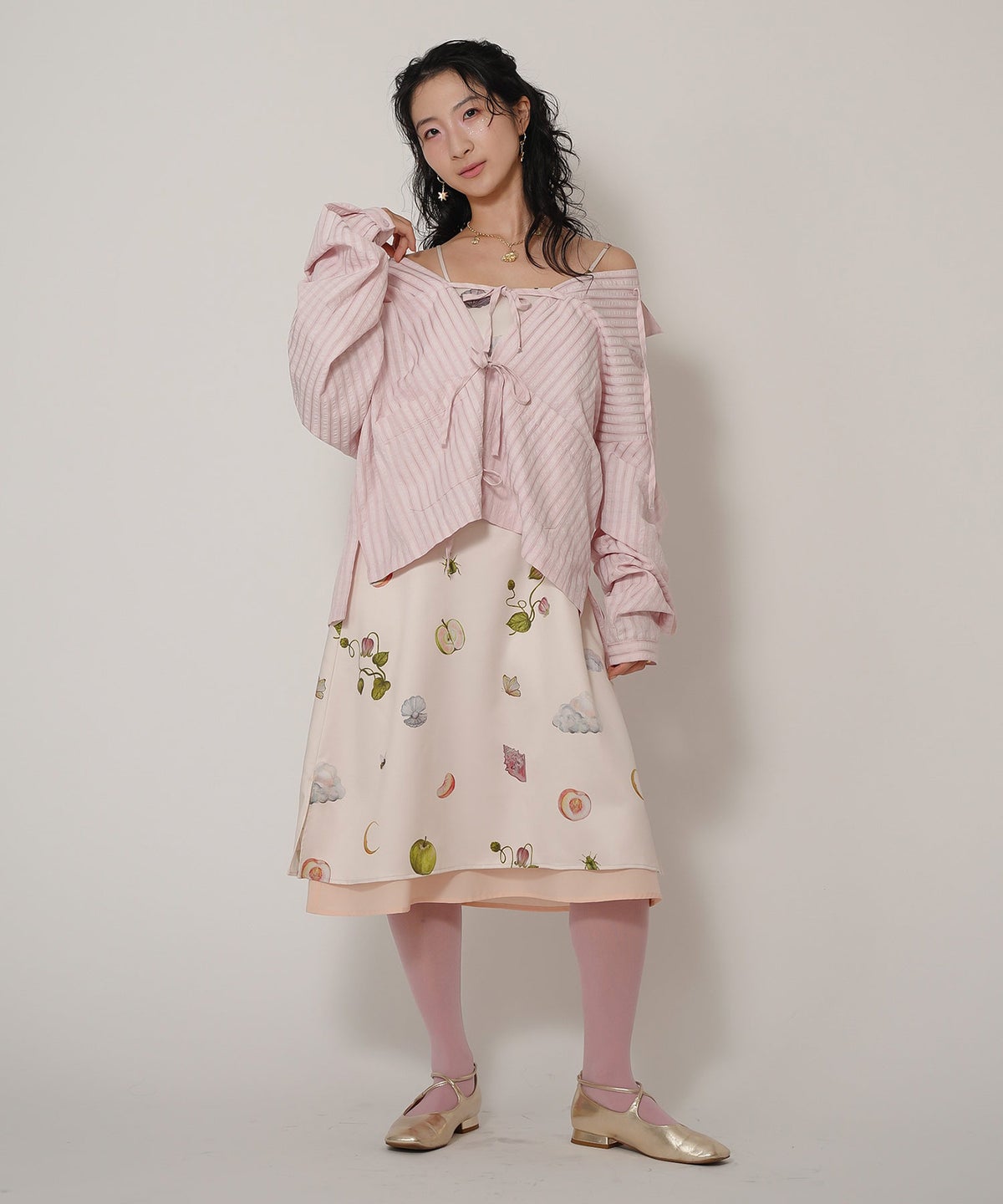 手洗い可 オリジナルプリント フレア S M ロング丈 オールシーズン 着回し 個性派 ジョイントスペース レイヤード サテン キャミ ワンピース Ricaco × Joint Space