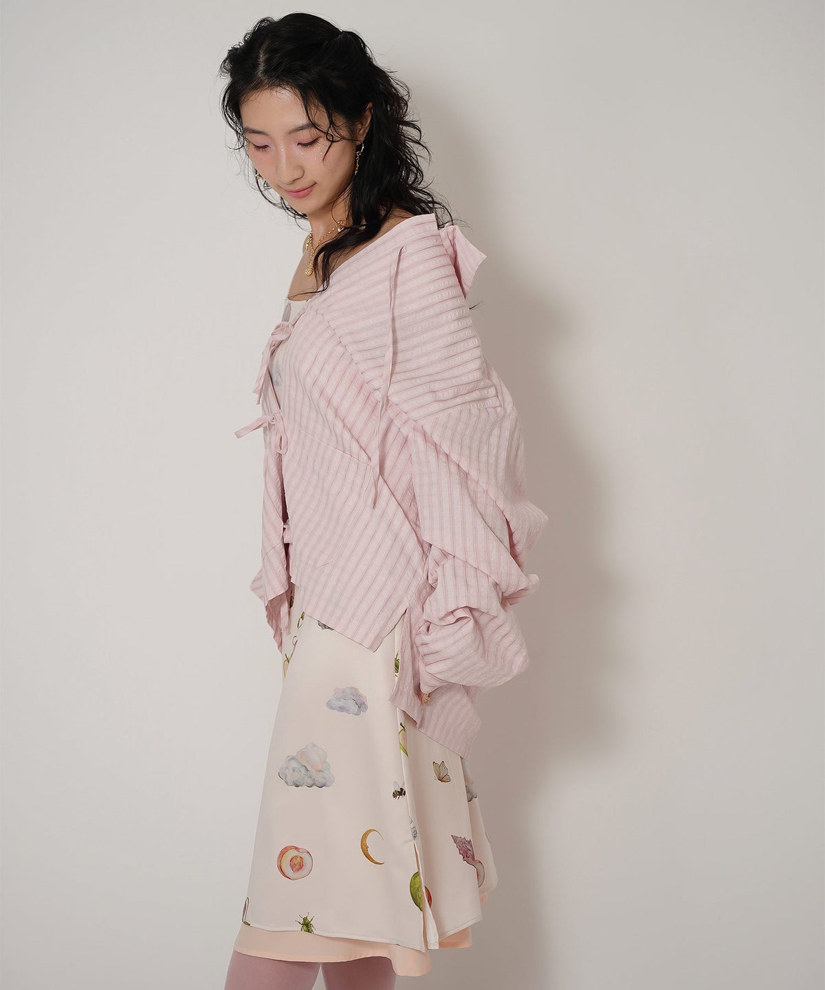 手洗い可 オリジナルプリント フレア S M ロング丈 オールシーズン 着回し 個性派 ジョイントスペース レイヤード サテン キャミ ワンピース Ricaco × Joint Space