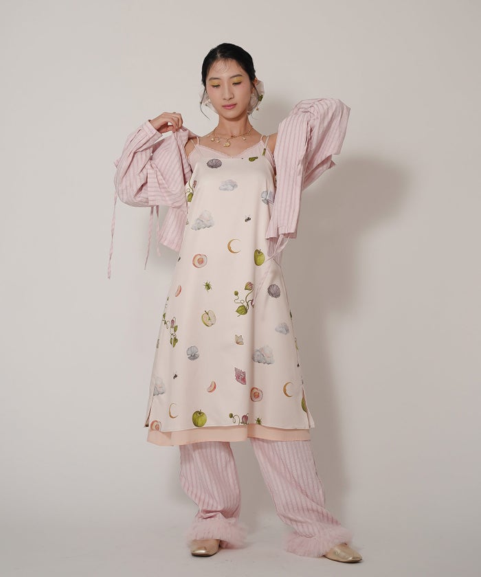 手洗い可 オリジナルプリント フレア S M ロング丈 オールシーズン 着回し 個性派 ジョイントスペース レイヤード サテン キャミ ワンピース Ricaco × Joint Space