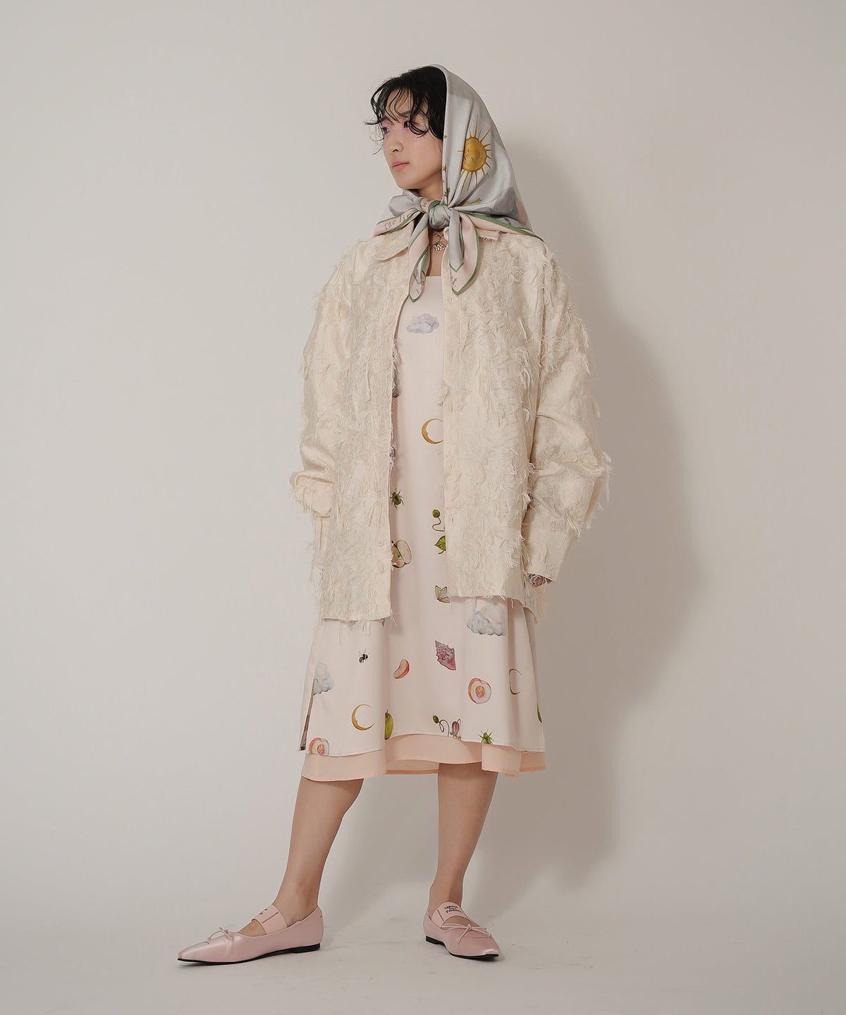 手洗い可 オリジナルプリント フレア S M ロング丈 オールシーズン 着回し 個性派 ジョイントスペース レイヤード サテン キャミ ワンピース Ricaco × Joint Space