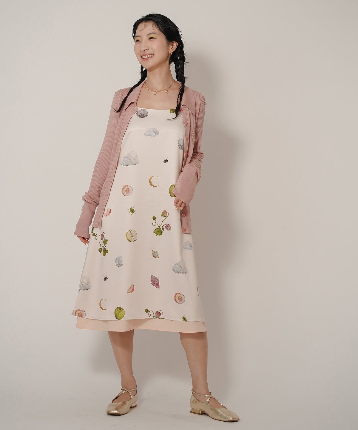 手洗い可 オリジナルプリント フレア S M ロング丈 オールシーズン 着回し 個性派 ジョイントスペース レイヤード サテン キャミ ワンピース Ricaco × Joint Space