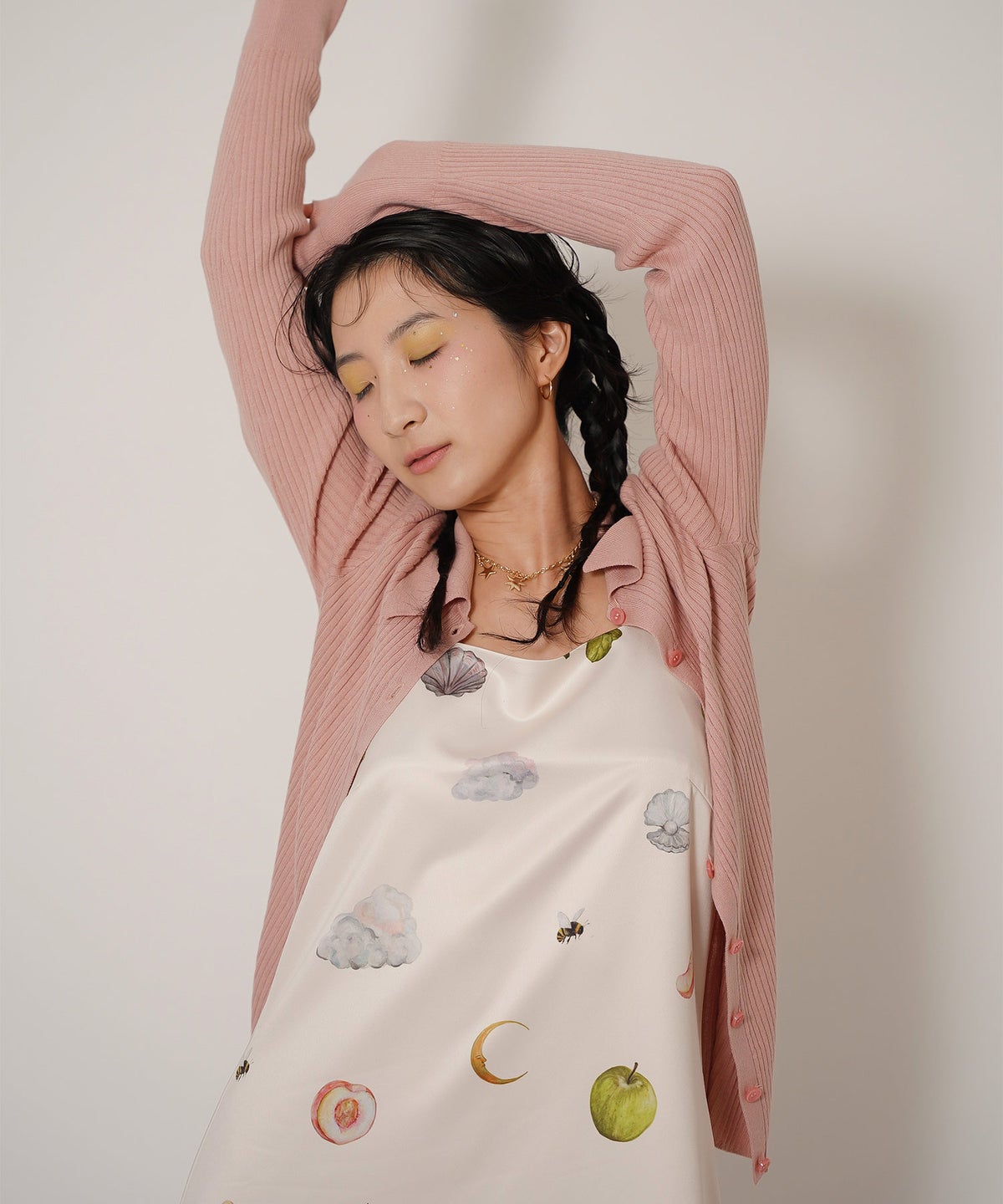 手洗い可 オリジナルプリント フレア S M ロング丈 オールシーズン 着回し 個性派 ジョイントスペース レイヤード サテン キャミ ワンピース Ricaco × Joint Space