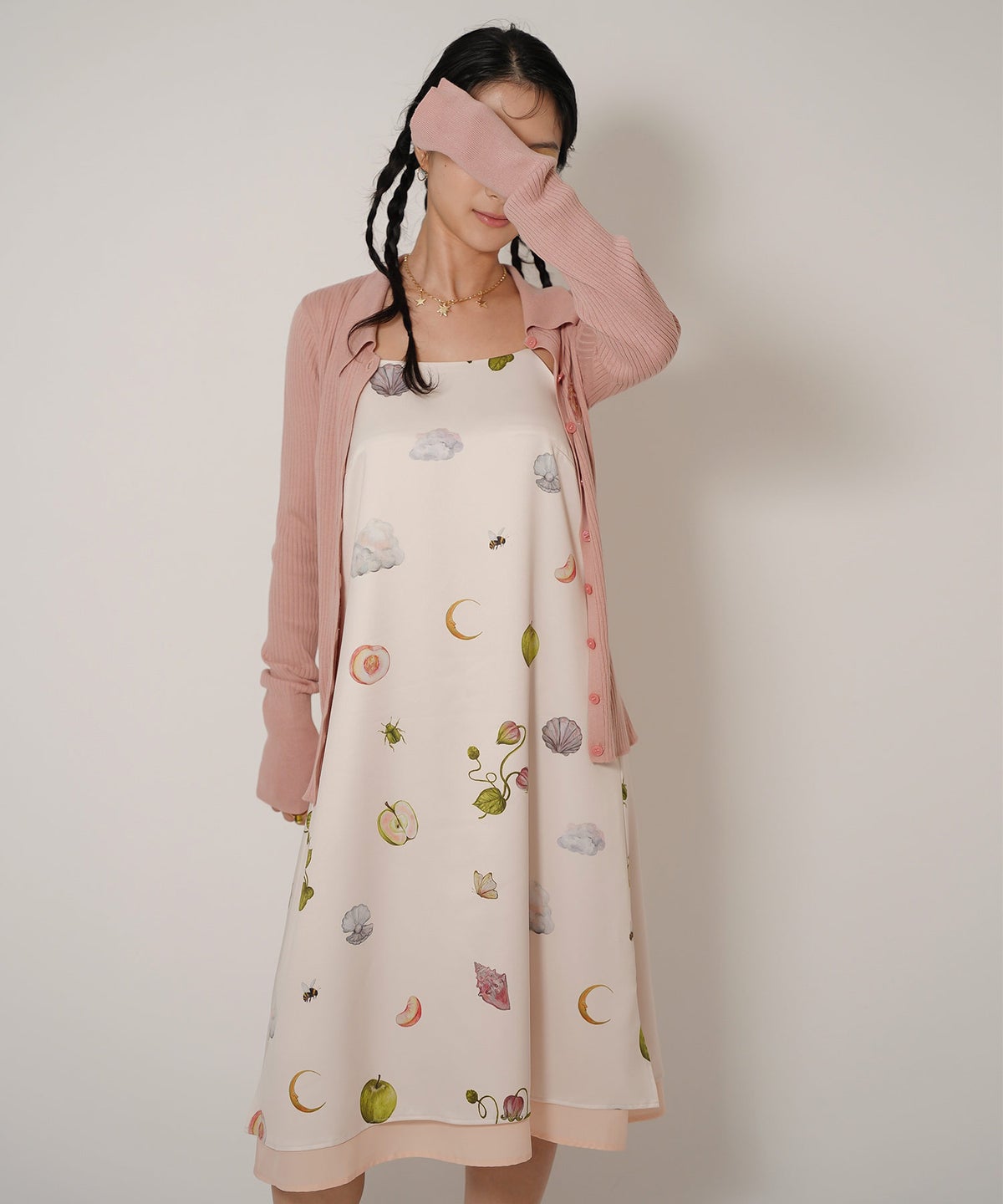 手洗い可 オリジナルプリント フレア S M ロング丈 オールシーズン 着回し 個性派 ジョイントスペース レイヤード サテン キャミ ワンピース Ricaco × Joint Space