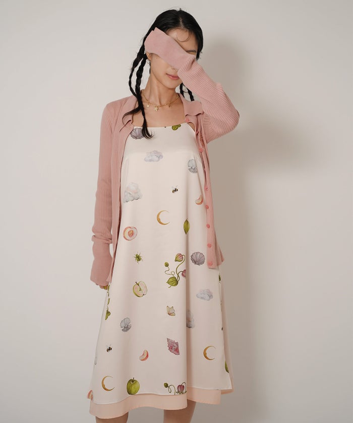 手洗い可 オリジナルプリント フレア S M ロング丈 オールシーズン 着回し 個性派 ジョイントスペース レイヤード サテン キャミ ワンピース Ricaco × Joint Space