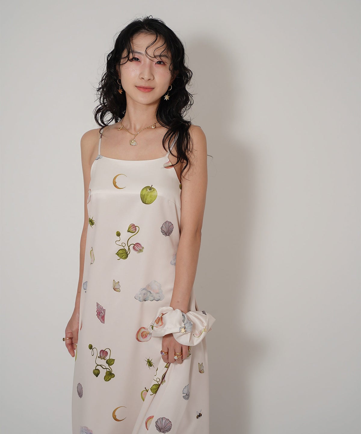 手洗い可 オリジナルプリント フレア S M ロング丈 オールシーズン 着回し 個性派 ジョイントスペース レイヤード サテン キャミ ワンピース Ricaco × Joint Space