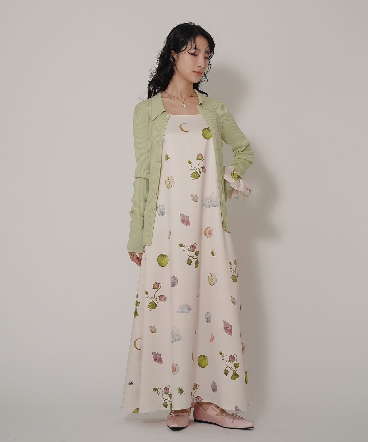 手洗い可 オリジナルプリント フレア S M ロング丈 オールシーズン 着回し 個性派 ジョイントスペース レイヤード サテン キャミ ワンピース Ricaco × Joint Space