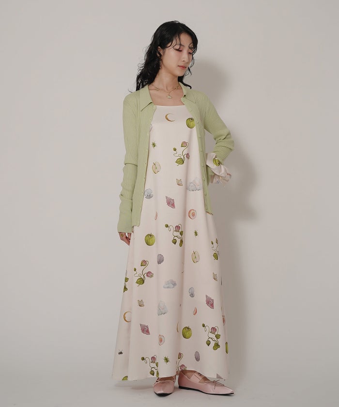 手洗い可 オリジナルプリント フレア S M ロング丈 オールシーズン 着回し 個性派 ジョイントスペース レイヤード サテン キャミ ワンピース Ricaco × Joint Space
