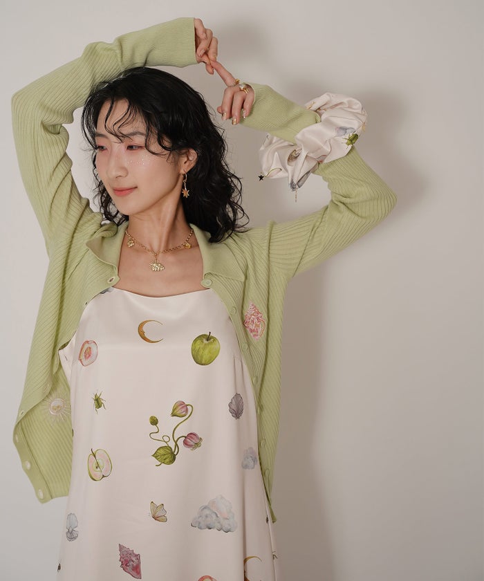 手洗い可 オリジナルプリント フレア S M ロング丈 オールシーズン 着回し 個性派 ジョイントスペース レイヤード サテン キャミ ワンピース Ricaco × Joint Space