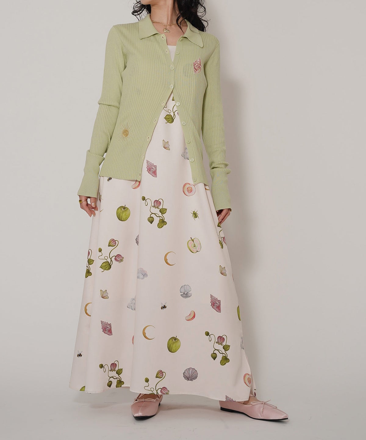 手洗い可 オリジナルプリント フレア S M ロング丈 オールシーズン 着回し 個性派 ジョイントスペース レイヤード サテン キャミ ワンピース Ricaco × Joint Space