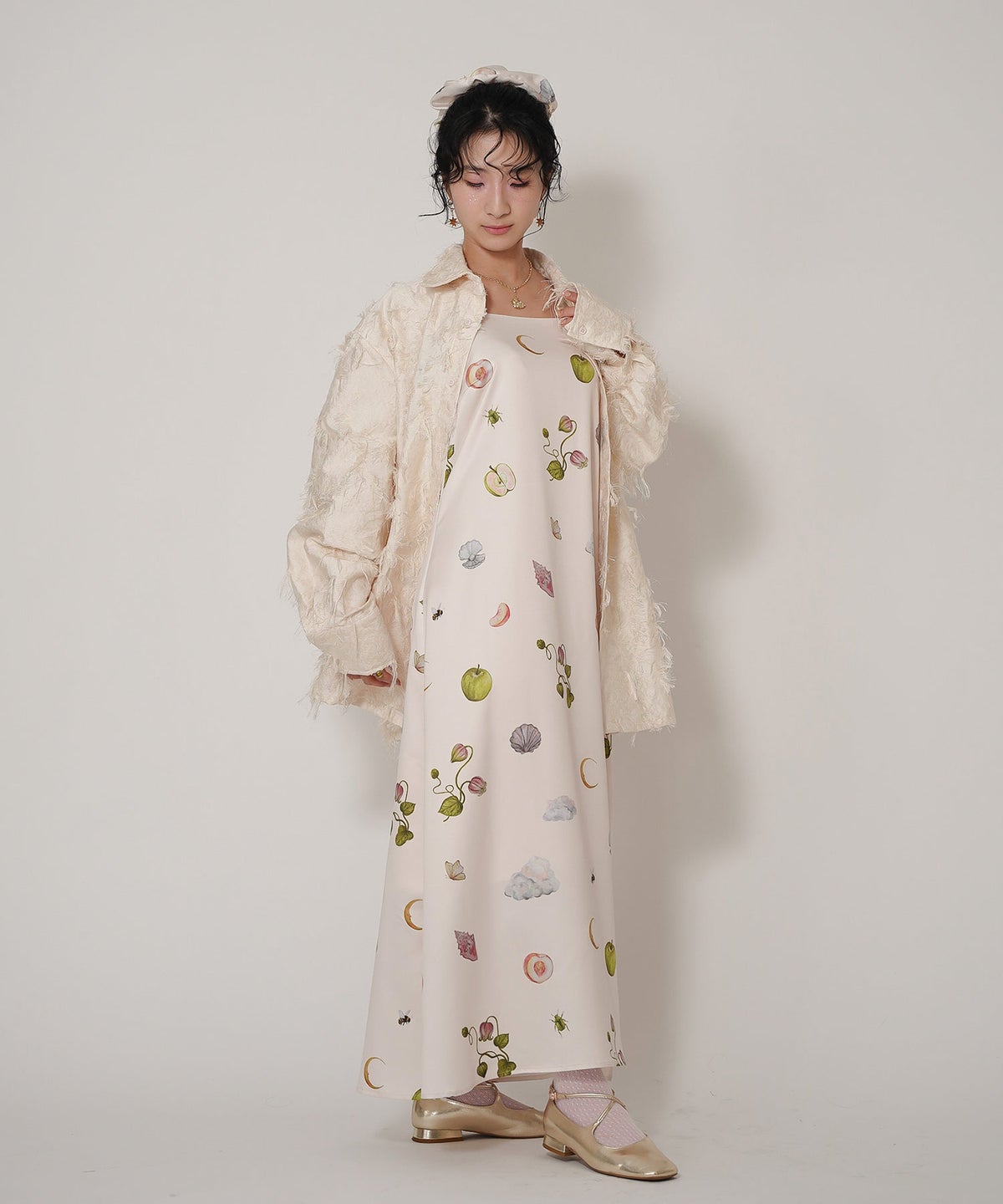 手洗い可 オリジナルプリント フレア S M ロング丈 オールシーズン 着回し 個性派 ジョイントスペース レイヤード サテン キャミ ワンピース Ricaco × Joint Space
