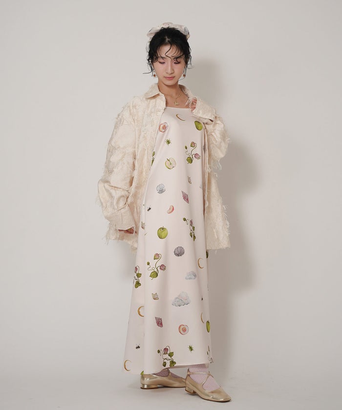 手洗い可 オリジナルプリント フレア S M ロング丈 オールシーズン 着回し 個性派 ジョイントスペース レイヤード サテン キャミ ワンピース Ricaco × Joint Space