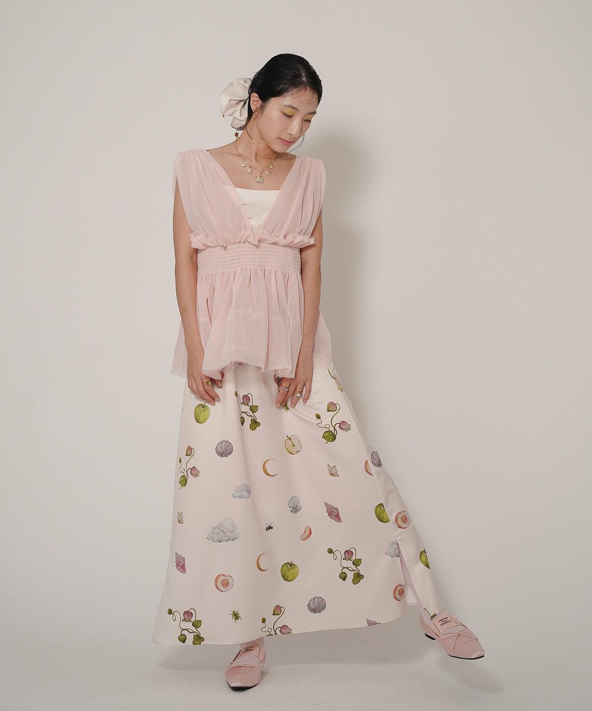 手洗い可 オリジナルプリント フレア S M ロング丈 オールシーズン 着回し 個性派 ジョイントスペース レイヤード サテン キャミ ワンピース Ricaco × Joint Space