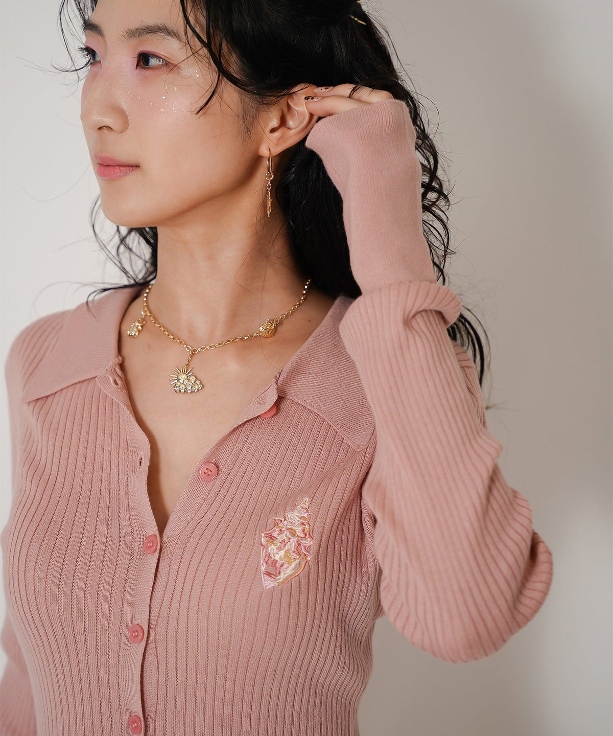手洗い可 ニット カーディガン 刺繍 アート 襟付き リブ レイヤード ポロニット 秋 ジョイントスペース ウォッシャブル 刺繍 カーディガン Ricaco × Joint Space