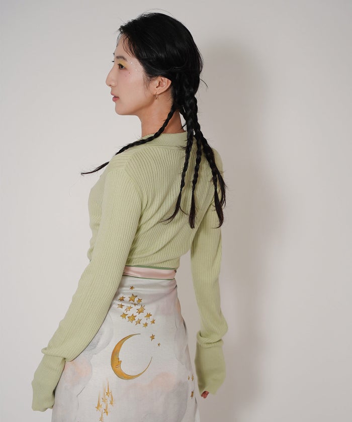 手洗い可 ニット カーディガン 刺繍 アート 襟付き リブ レイヤード ポロニット 秋 ジョイントスペース ウォッシャブル 刺繍 カーディガン Ricaco × Joint Space