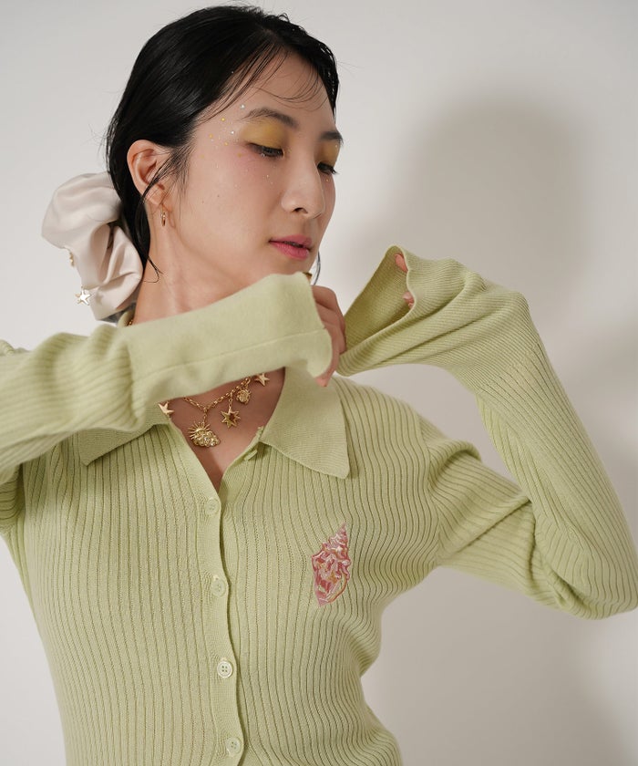 手洗い可 ニット カーディガン 刺繍 アート 襟付き リブ レイヤード ポロニット 秋 ジョイントスペース ウォッシャブル 刺繍 カーディガン Ricaco × Joint Space