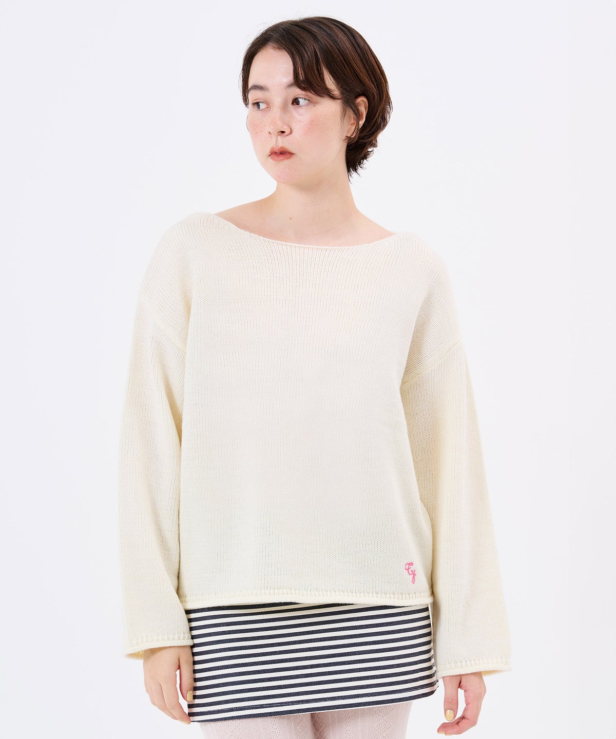 ボートネック/ニット/チェーンステッチ刺繍ボートネックニットプルオーバーTINA：JOJUN