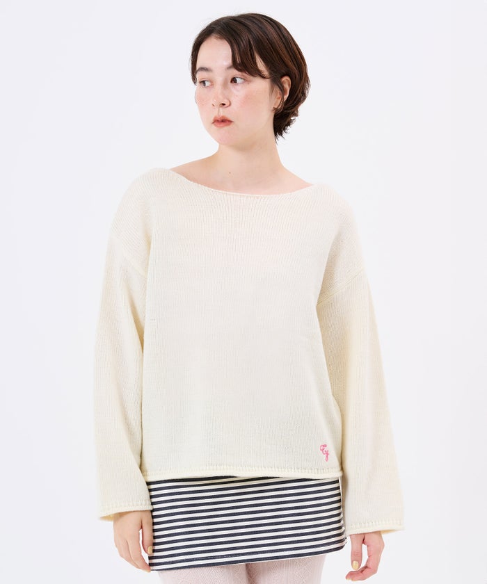 ボートネック/ニット/チェーンステッチ刺繍ボートネックニットプルオーバーTINA：JOJUN