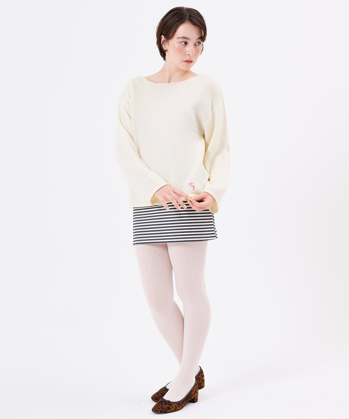 ボートネック/ニット/チェーンステッチ刺繍ボートネックニットプルオーバーTINA：JOJUN