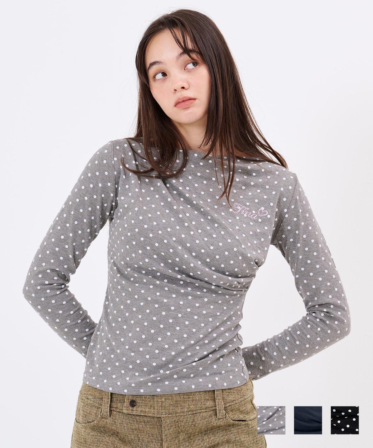 デザイン/ロンT/刺繍入り ドレープロングスリーブTシャツTINA：JOJUNTINA：JOJUN