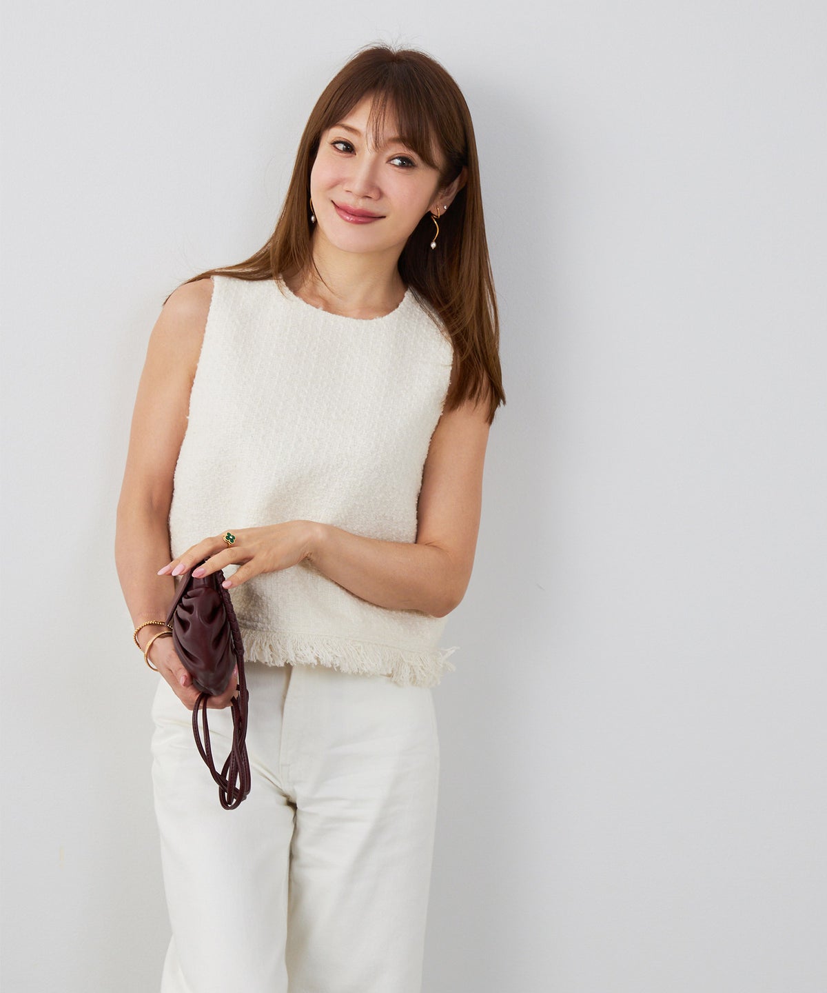 レディース 大人カジュアル かわいい 大人 きれいめ 上品 ノースリーブ フェミニン ジョイントスペース ツイードフリンジPO Liala×PG