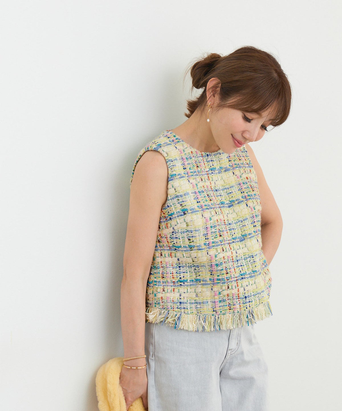 レディース 大人カジュアル かわいい 大人 きれいめ 上品 ノースリーブ フェミニン ジョイントスペース ツイードフリンジPO Liala×PG