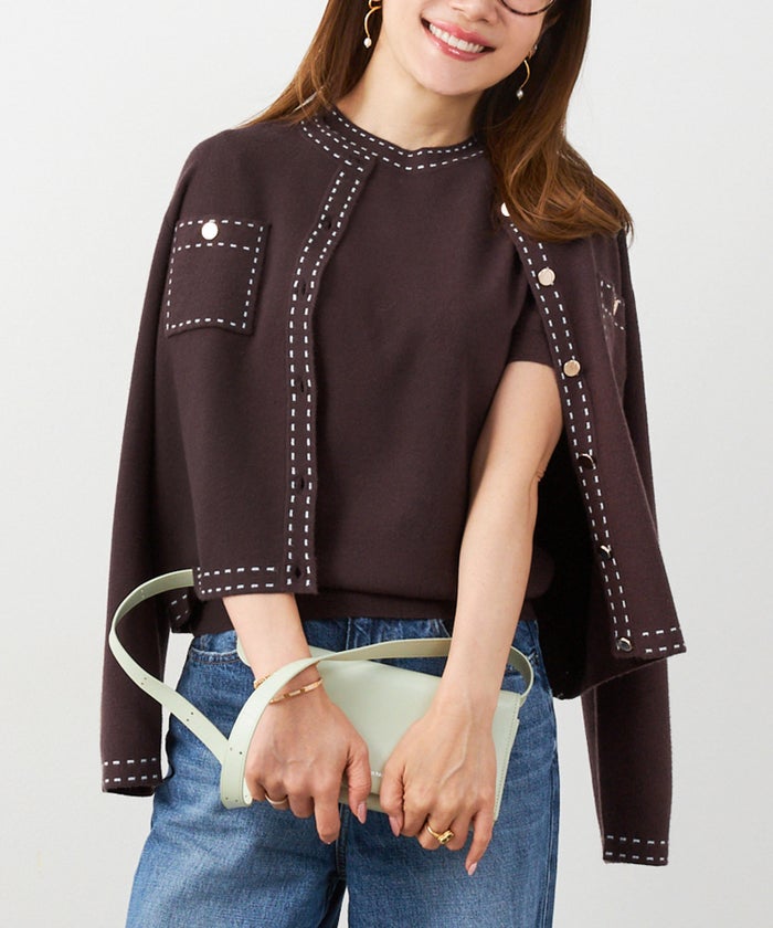 手洗い可 大人カジュアル 可愛い 上品 きれいめ オフィス フェミニン 春 秋冬 着回し ジョイントスペース ステッチポケットニットアンサンブル Liala×PG