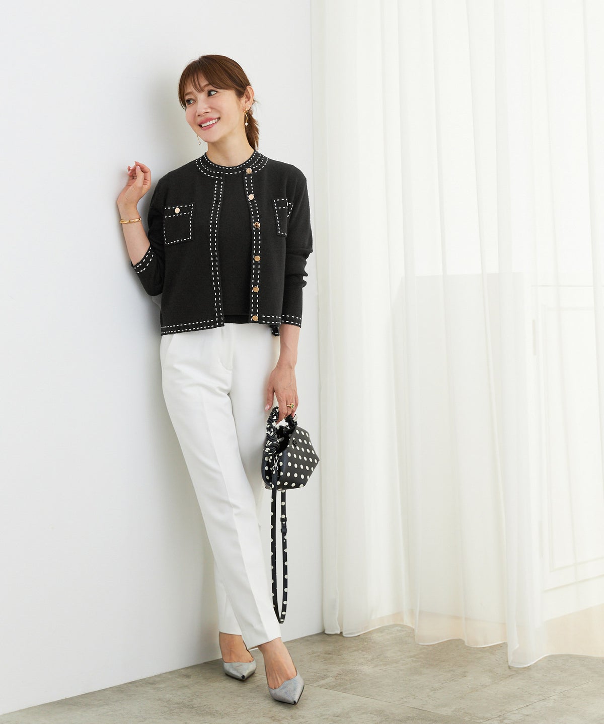 手洗い可 大人カジュアル 可愛い 上品 きれいめ オフィス フェミニン 春 秋冬 着回し ジョイントスペース ステッチポケットニットアンサンブル Liala×PG
