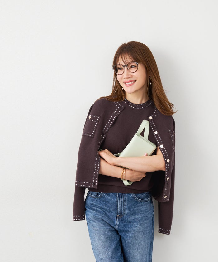 手洗い可 大人カジュアル 可愛い 上品 きれいめ オフィス フェミニン 春 秋冬 着回し ジョイントスペース ステッチポケットニットアンサンブル Liala×PG
