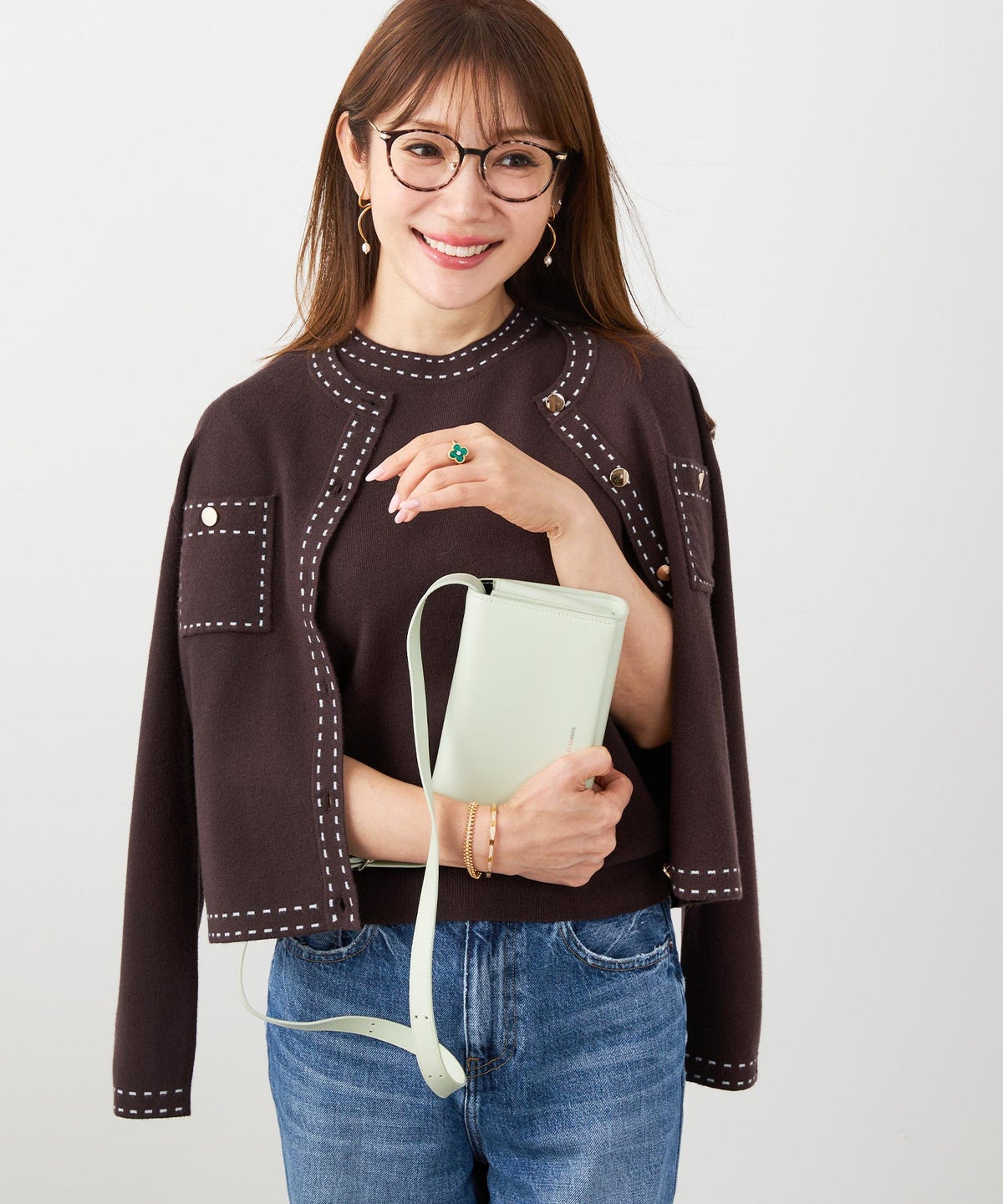 手洗い可 大人カジュアル 可愛い 上品 きれいめ オフィス フェミニン 春 秋冬 着回し ジョイントスペース ステッチポケットニットアンサンブル Liala×PG