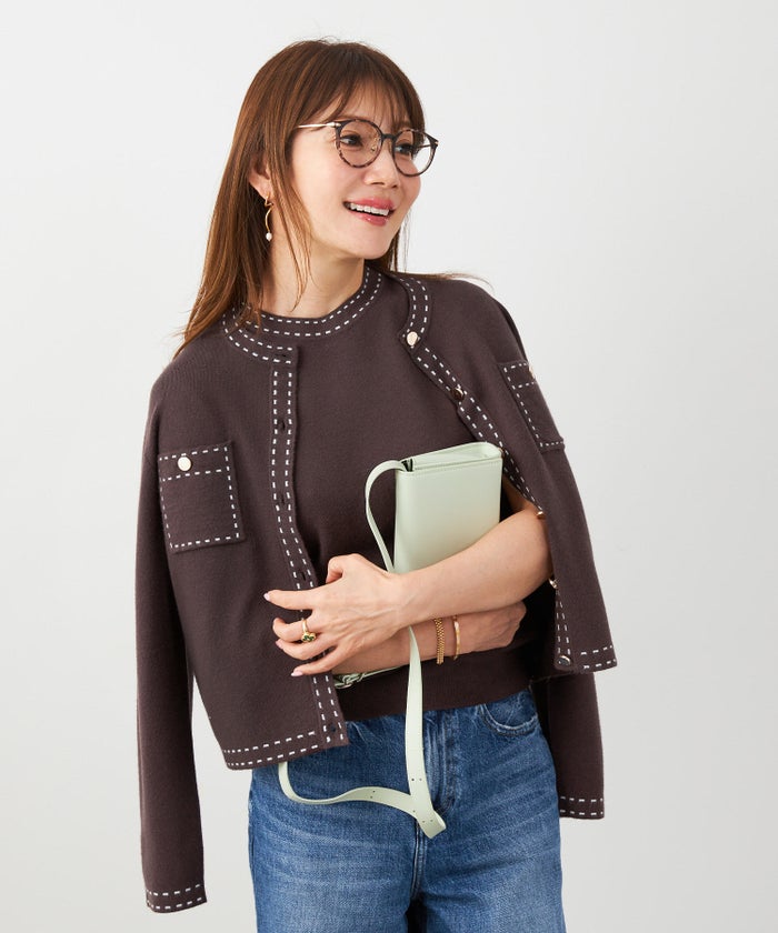手洗い可 大人カジュアル 可愛い 上品 きれいめ オフィス フェミニン 春 秋冬 着回し ジョイントスペース ステッチポケットニットアンサンブル Liala×PG